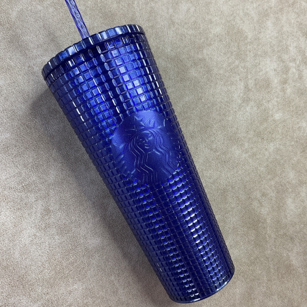 Starbucks Venti Cold Cup Tumbler 24 oz Blue Glitter Grid Textured Siren Logo - Picture 6 of 9